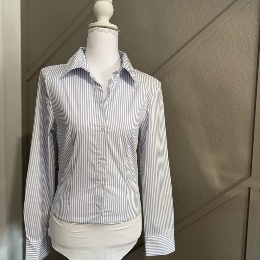 Zara Women's Blue and White Striped Button Down Shirt